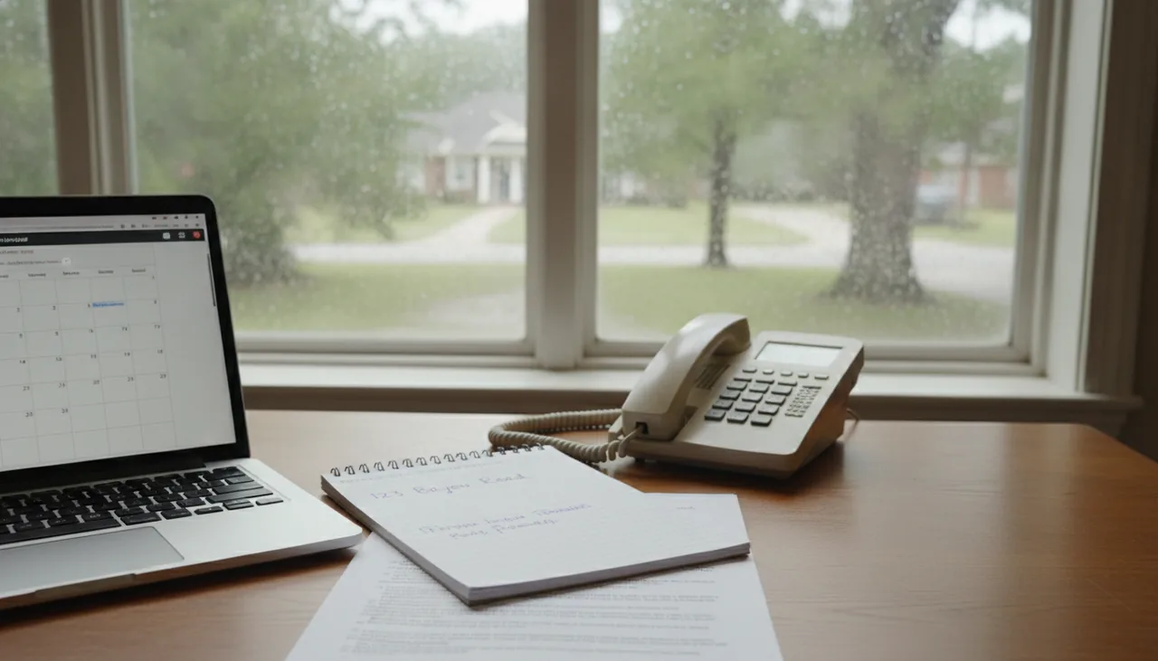 Desk with a phone, notepad and calendar for arranging mold and water-damage work in St. George, Louisiana