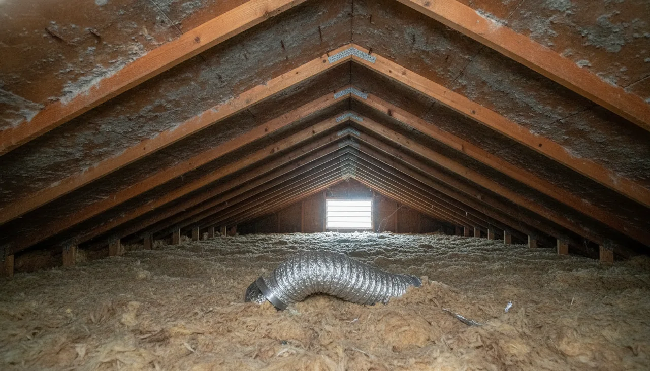 Mold on the underside of roof decking near a loose bath fan duct in an attic in St. George, Louisiana