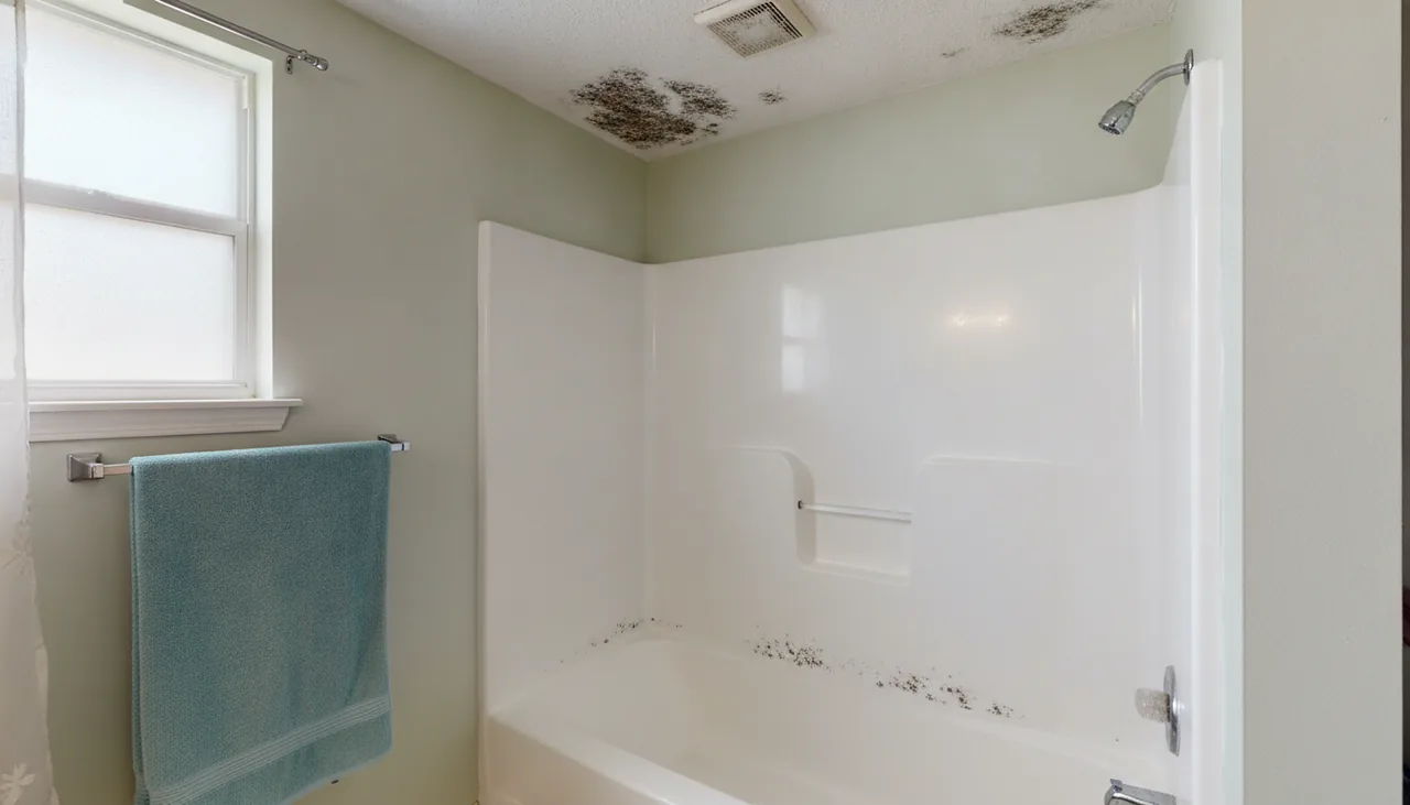 Mold along the shower caulk and ceiling of a hall bathroom in St. George, Louisiana