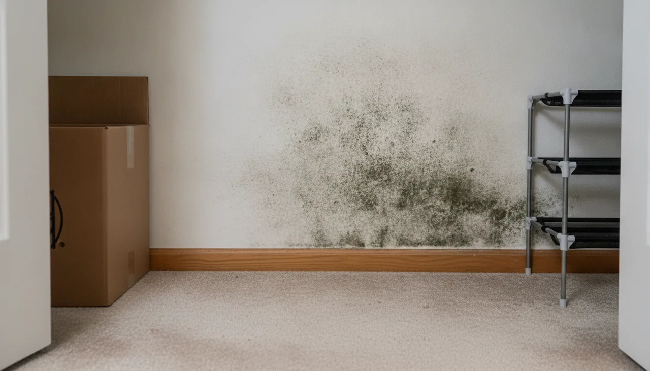 Dark mold growth on a closet wall and baseboard in a St. George, Louisiana home