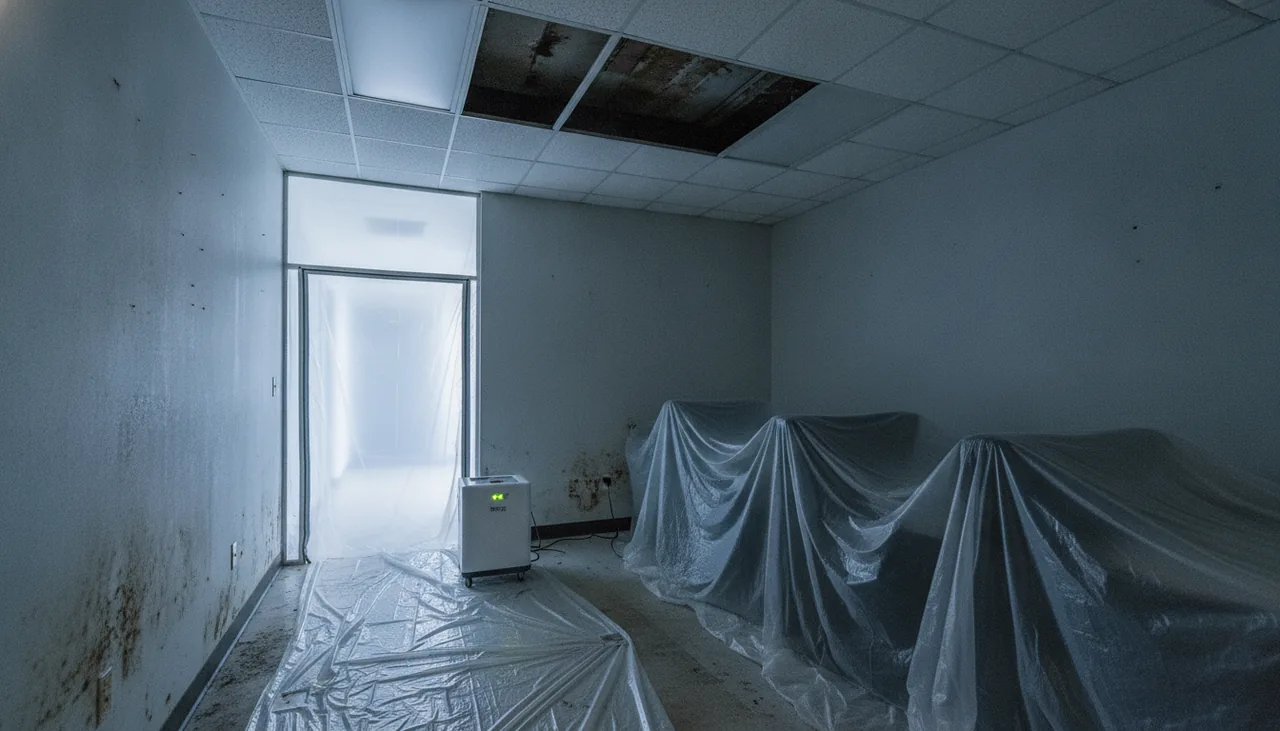 Office suite with ceiling tiles removed and a sealed work area for mold remediation in St. George, Louisiana