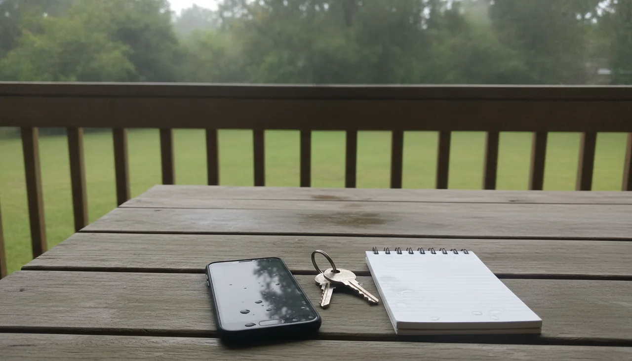 Phone, house keys and notebook on a porch table after rain in St. George, Louisiana