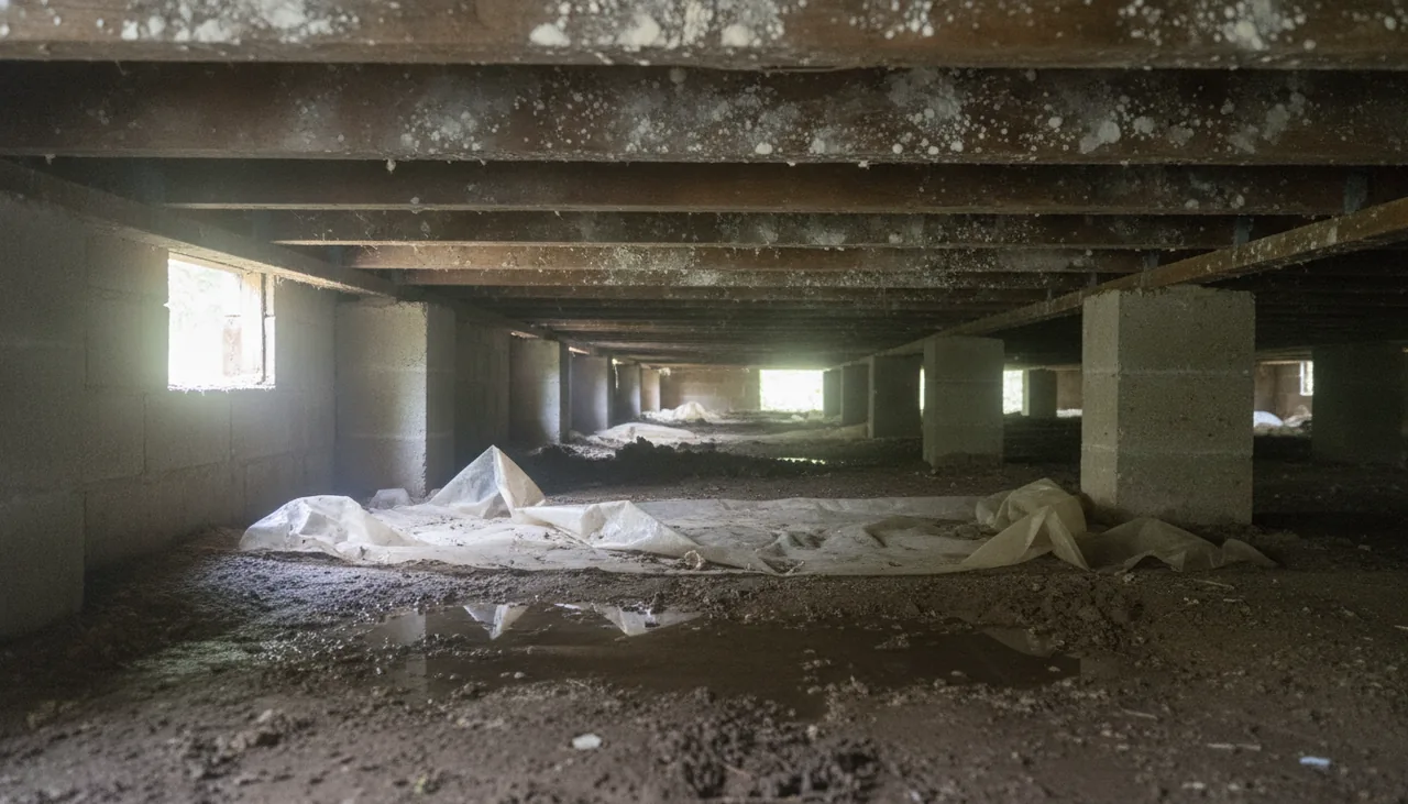 Mold on floor joists above damp ground in the crawl space of a raised house in St. George, Louisiana