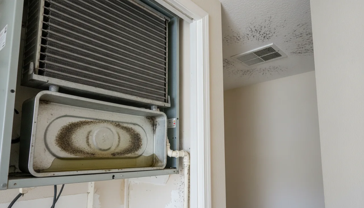 Air handler with an open panel, wet drain pan and condensate line in a St. George, Louisiana home