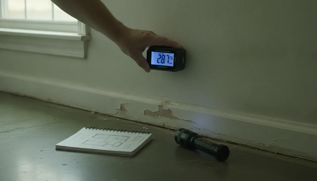 Moisture meter reading a drywall wall beside a baseboard during a mold assessment in St. George, Louisiana