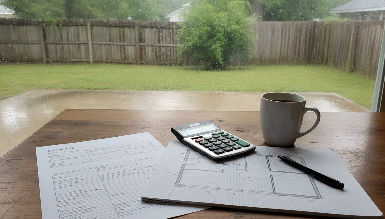 Written mold remediation estimate and floor plan on a kitchen table in St. George, Louisiana