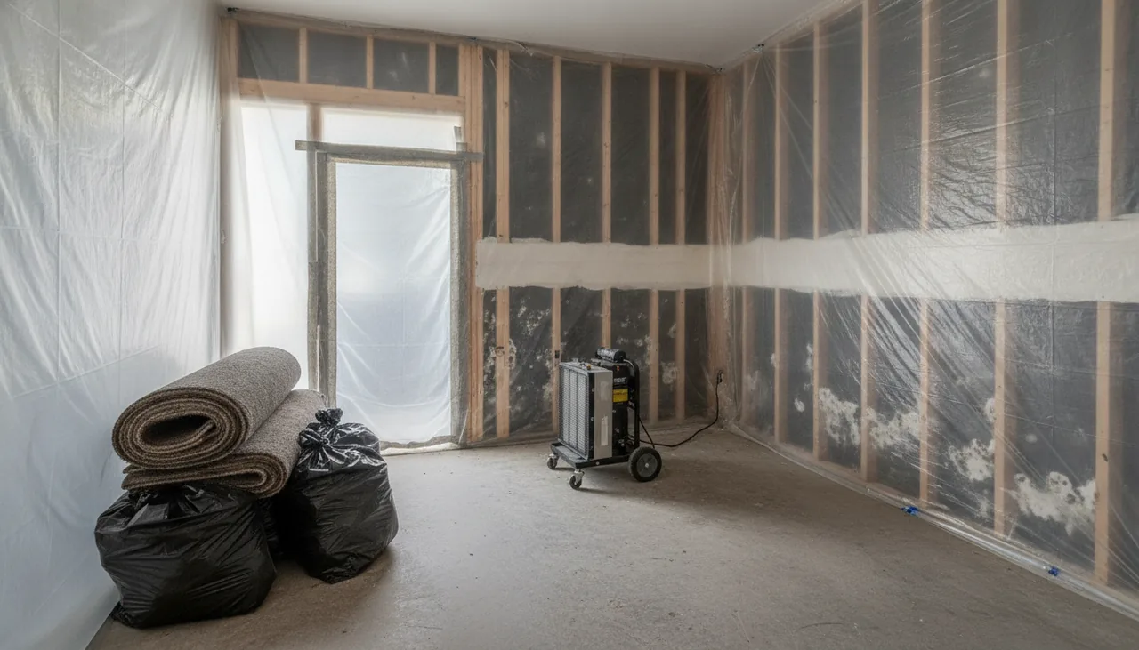 Bedroom sealed with plastic sheeting and an air scrubber during mold remediation in St. George, Louisiana
