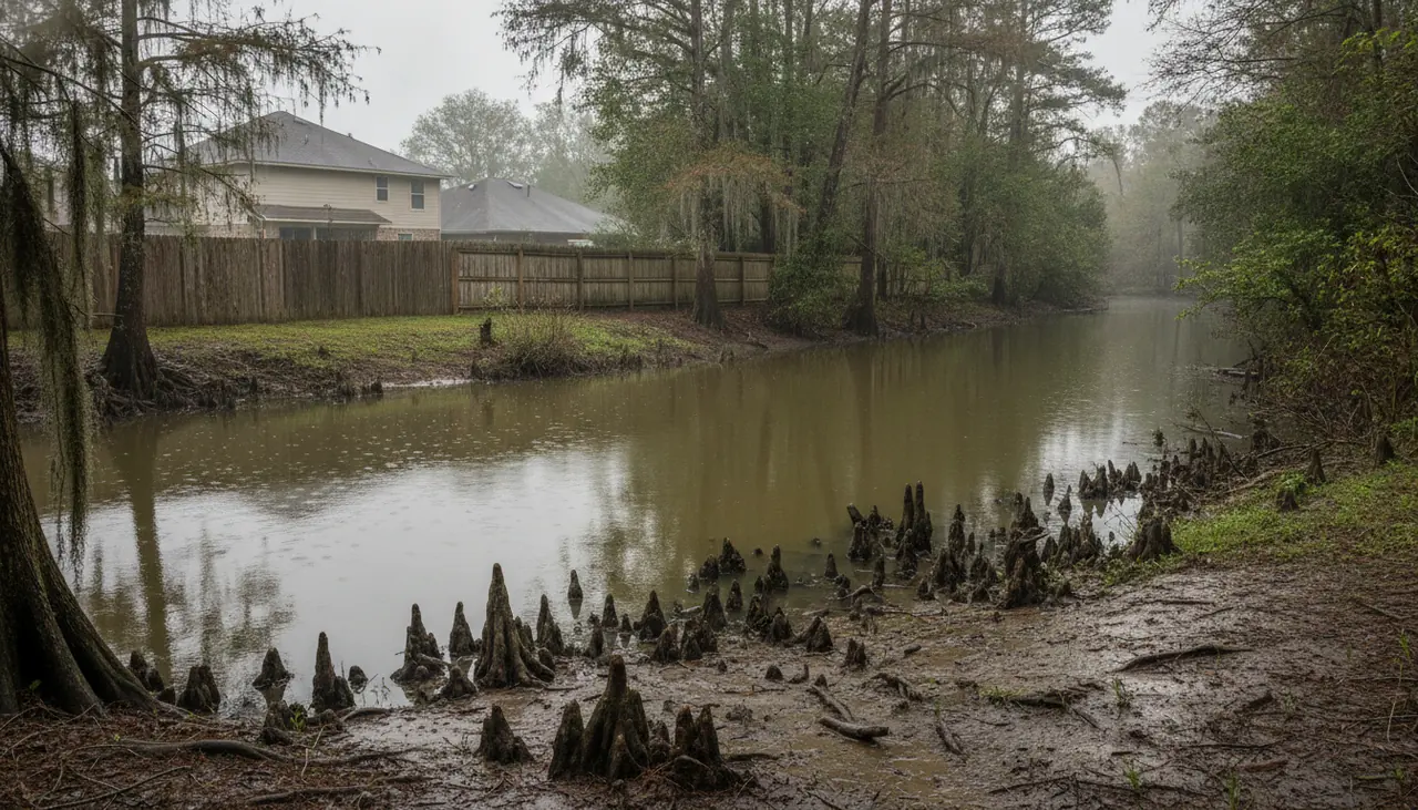 Bayou behind suburban backyards near the southern edge of St. George, Louisiana