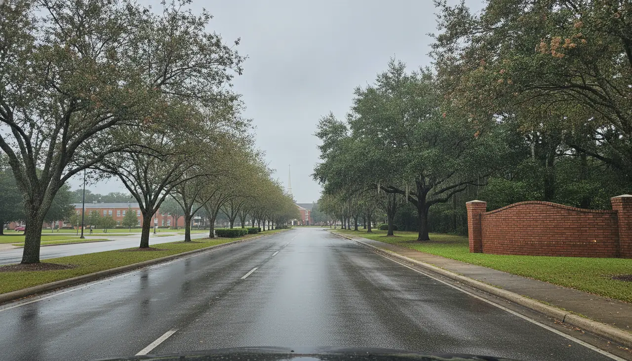 Tree-lined suburban boulevard with a church and school in the distance in St. George, Louisiana