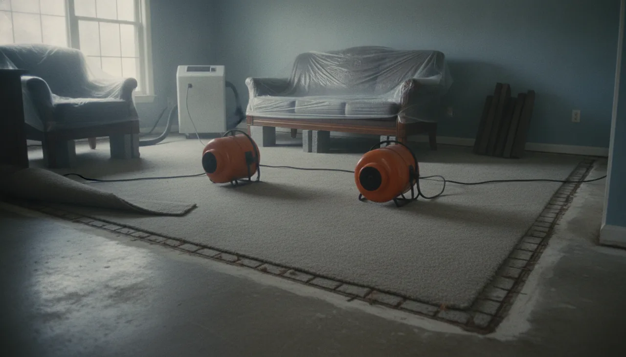 Air movers and a dehumidifier drying a living room after water damage in St. George, Louisiana